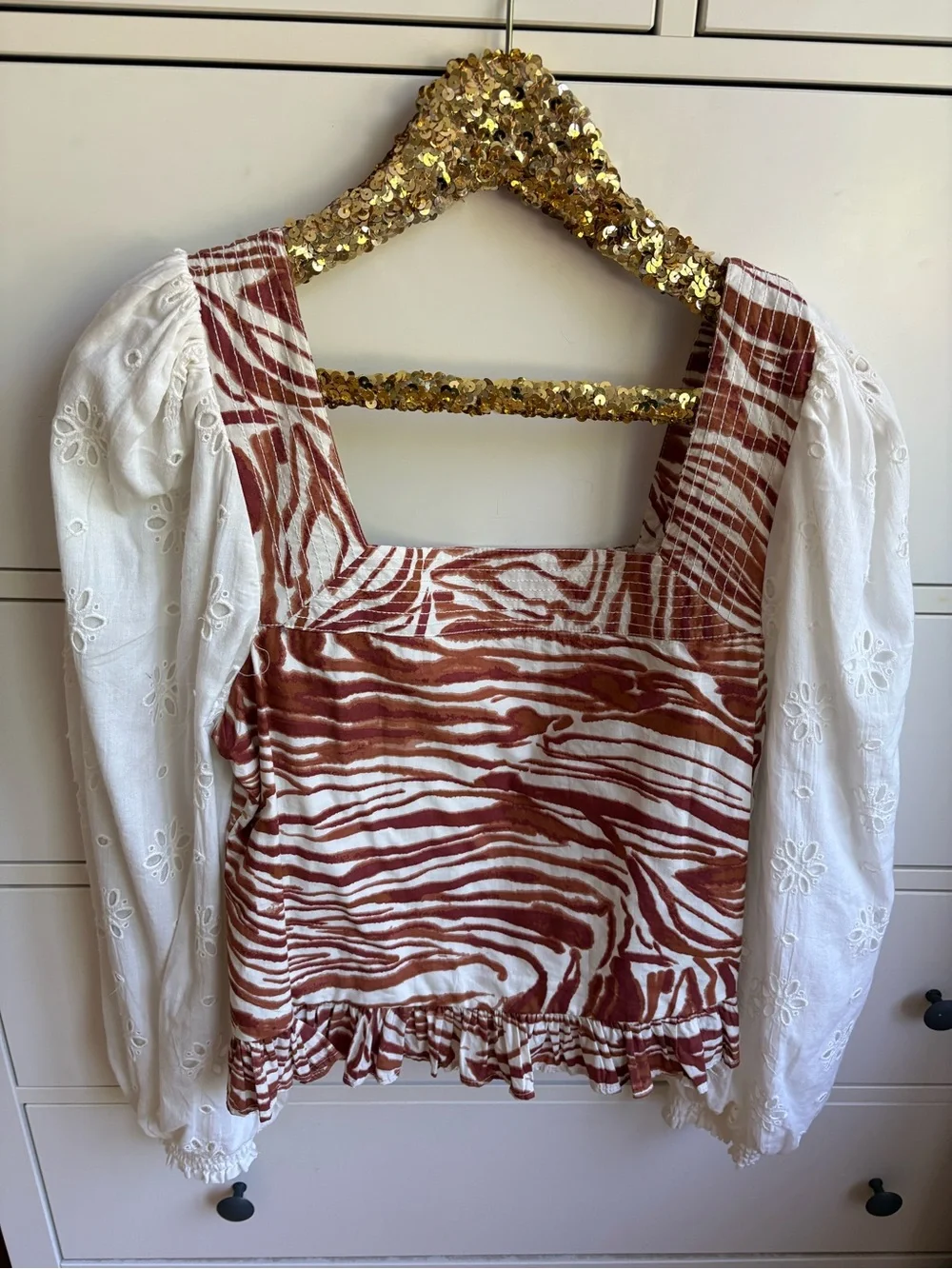 Love the Label Puff Eyelet Sleeve Zebra Print Blouse
